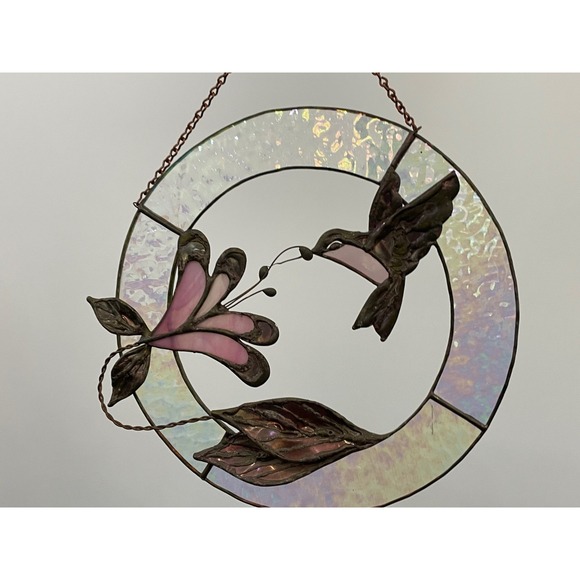 Vtg Stained Glass Metal Hummingbird Floral Suncatcher Copper Brass 9.25" - Picture 2 of 7